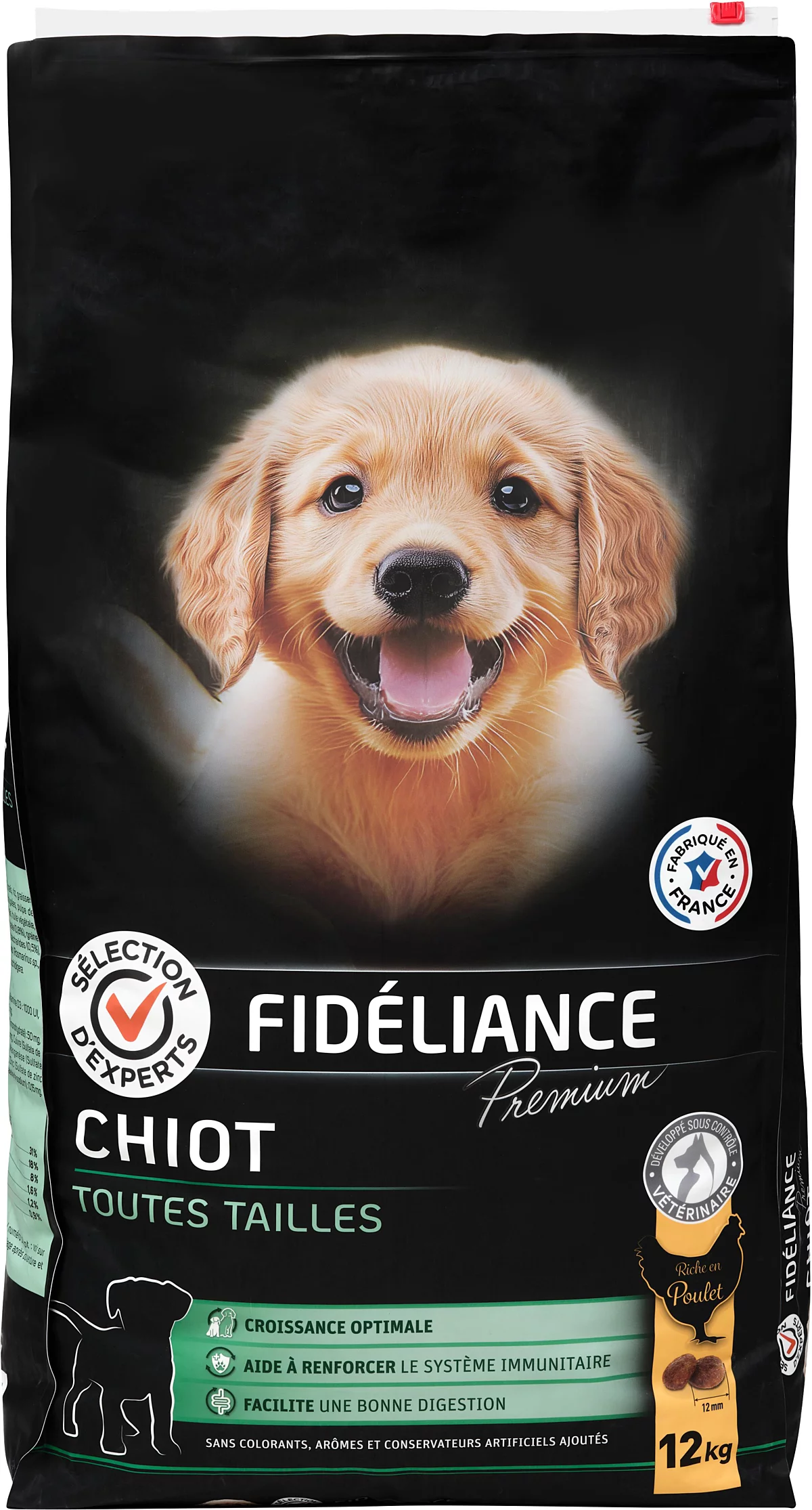 Paquet de croquettes pour chiots de la marque Fidéliance